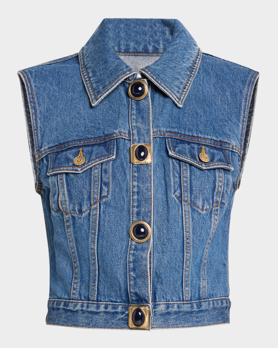 Gemstone Button Cropped Denim Vest